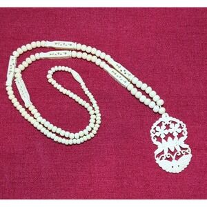 Vintage Hand Carved Bovine Bone Moth & Flower Pendant & Beaded Necklace 14" Drop